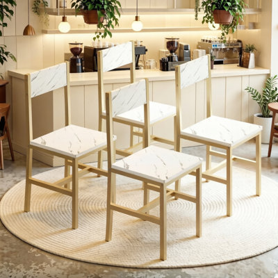 4 chaises à haut dossier avec siège en bois de marbre blanc et chaise en métal doré pour salle à manger, cuisine ou décorations
