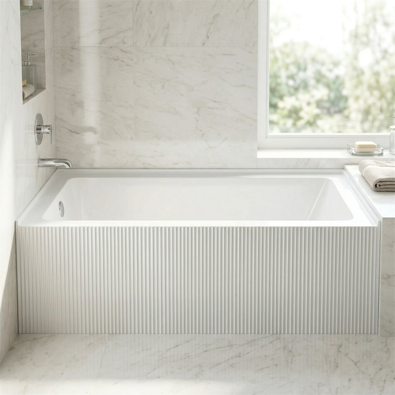 Baignoire en alcôve de 60 po en acrylique avec tablier avant cannelé, renforcé de fibre de verre, surface non poreuse résistante aux taches, dossier ergonomique, base antidérapante