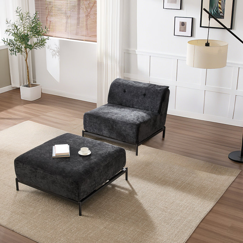 Canapé rembourré en chenille avec repose-pieds, Chenille noir