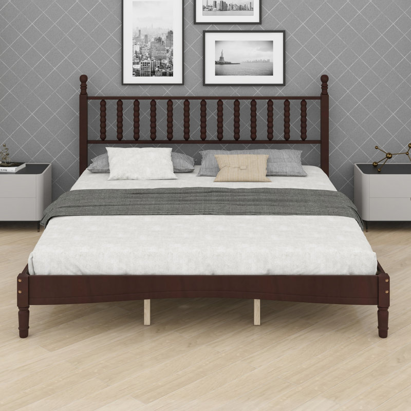 Lit plateforme rétro en bois avec tête de lit en forme de gourde, Noyer, King