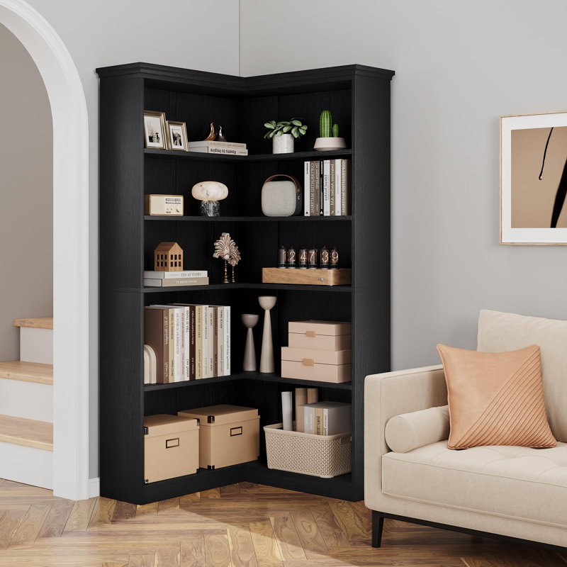 Bibliothèque en coin 72,8 "en forme de L, bibliothèque de style campagnard à 5 niveaux, rangement rustique et présentoir, panneau complet