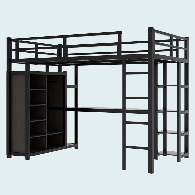 Lit mezzanine double en métal avec bureau, tablettes, garde-robe, noir