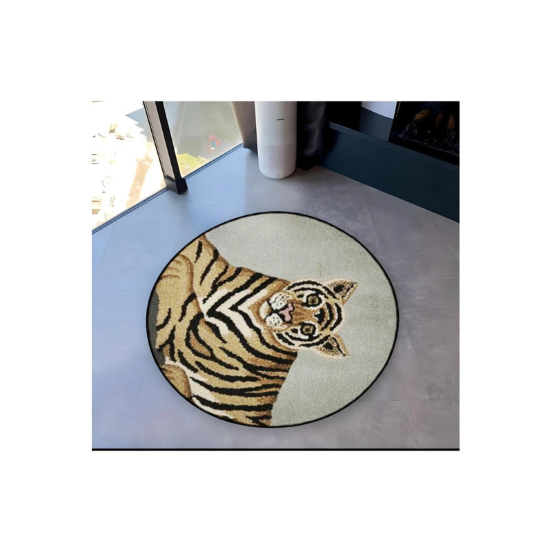 Woven Base Modern Decorative Carpet With Tiger Detail, Round 5'
