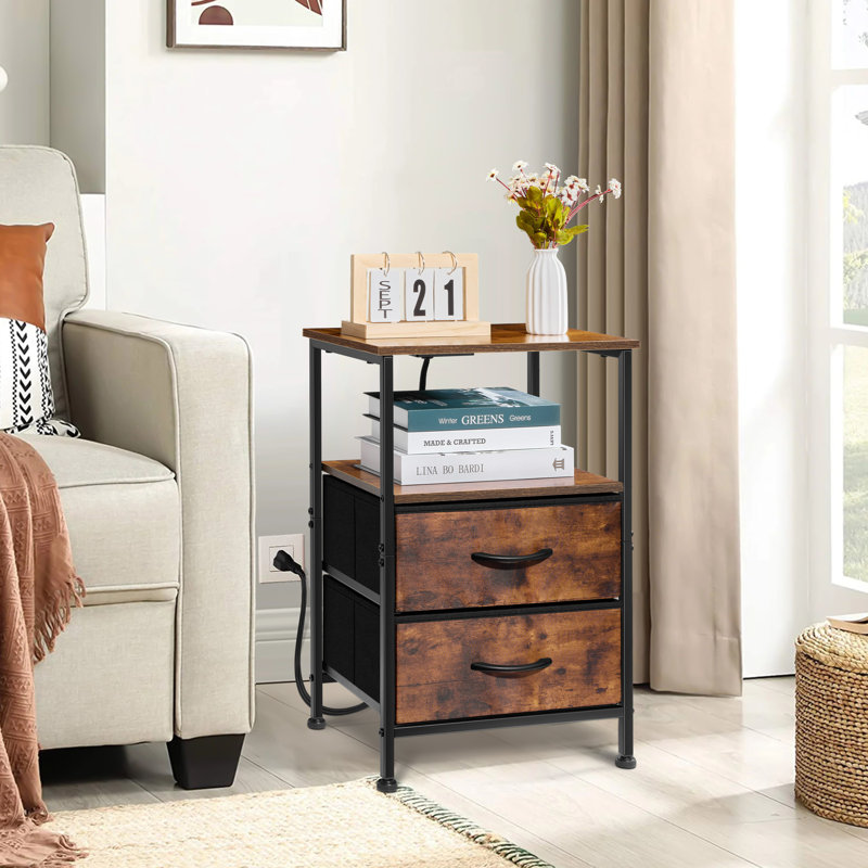 Wilmall Nightstand with Changing station, Brown Night Stand with 2 fabric drawers and Open Storage Shelf, Small Bed Side Table wit 2 USB Ports & 2 Outlets for Living room, Bedroom, Study Room