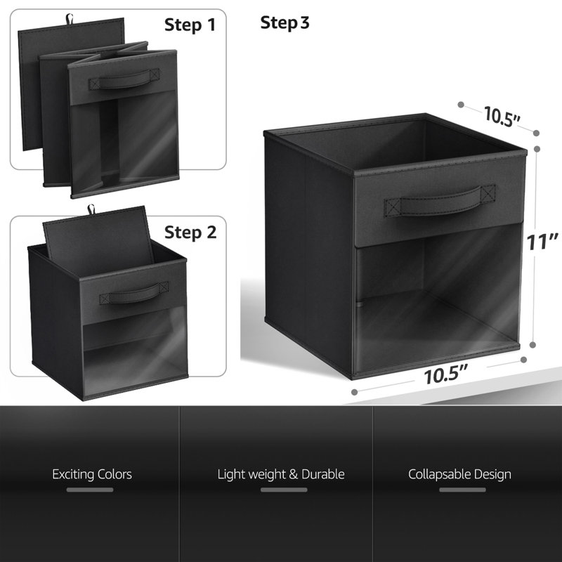 Sorbus 11" Storage Bin with Clear Window – 6-Pack Foldable Fabric Organizers, Black, Black