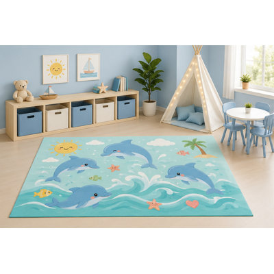 "Ultra Lightweight" 5' x 7' Cute Dolphin Ocean Area Rug for Kids Playroom Nursery Bedroom, Dolphins Waves Tropical Sea Life Coastal Cartoon Decor, Non-Slip Silicone Backing Low Pile