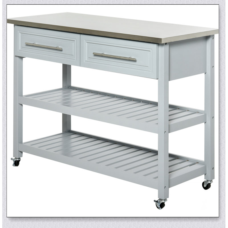 Stainless Steel Top Kitchen Island with Storage, 2-Tier Shelves, Drawers, and Wheels for Modern Kitchens