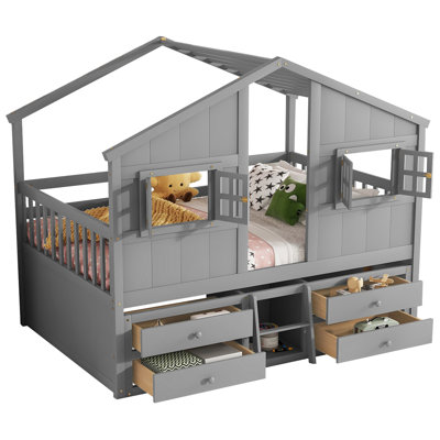 Full Size Pine House Loft Bed In Grey With Windows, 4 Storage Drawers, Guardrails, And A Stable Sleeping Foundation Wooden Roof, Guardrails Well - Organized System