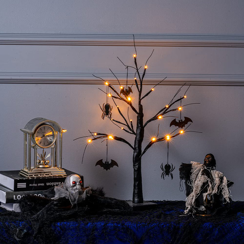 Arbre d'arbre d'Halloween effrayant noir 2 pi avec 24 lumières DEL orange