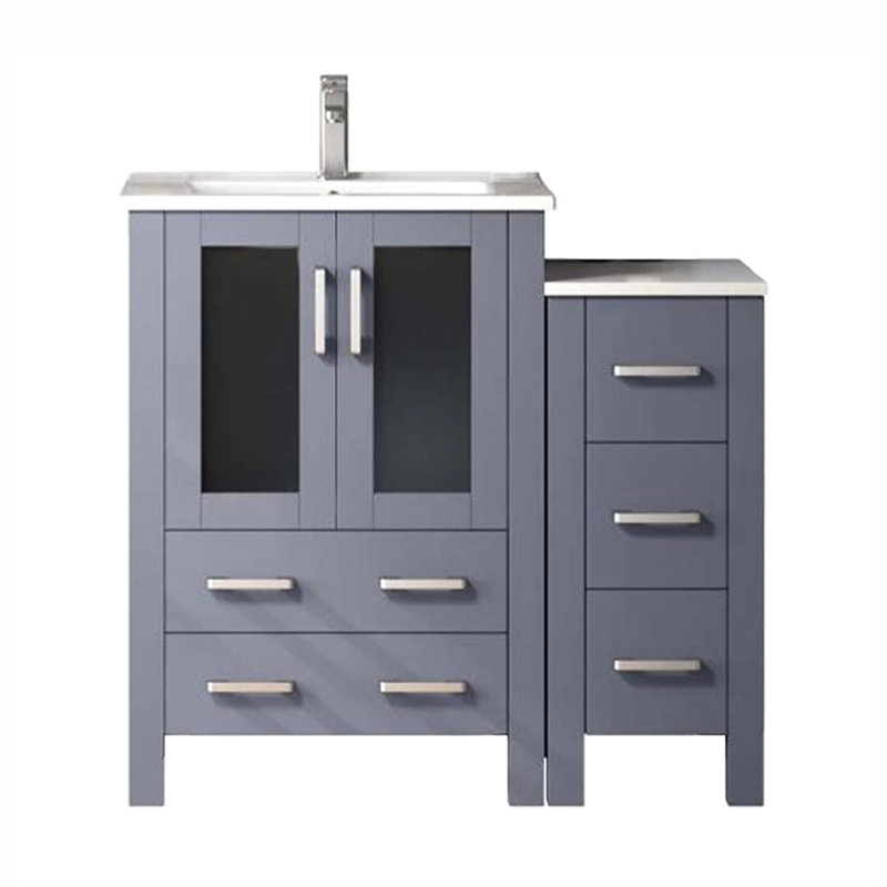 36 po Large meuble-lavabo gris foncé avec armoire coulissante latérale, robinet, comptoir en céramique blanche et 22 robinets décoratifs pour salle de bain à miroir, surface, mur