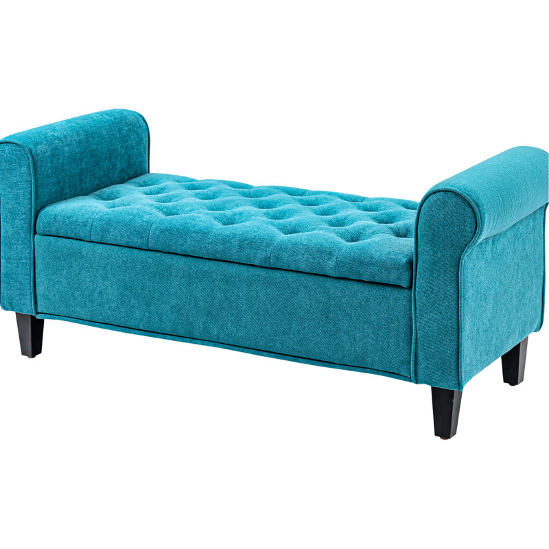 Teal Bedroom Bench With Wood Legs And Button Tufting - Upholstered Storage Bench, 50" Rolled Arms For Bedroom, Living Room, Entryway, Hidden Compartment