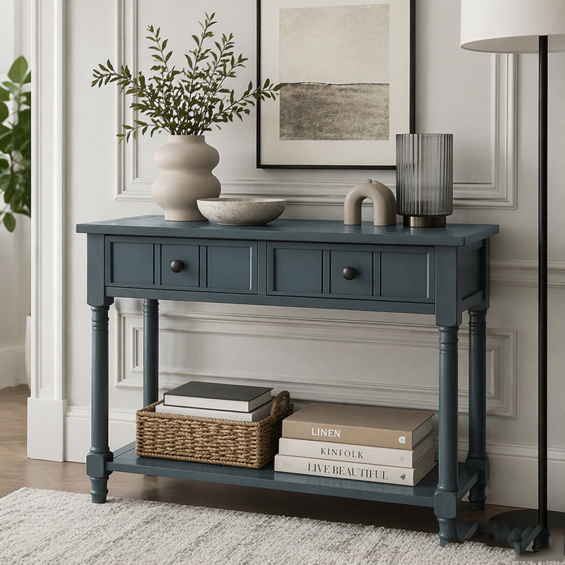 Console Traditional avec deux tiroirs et tablette inférieure, Navy