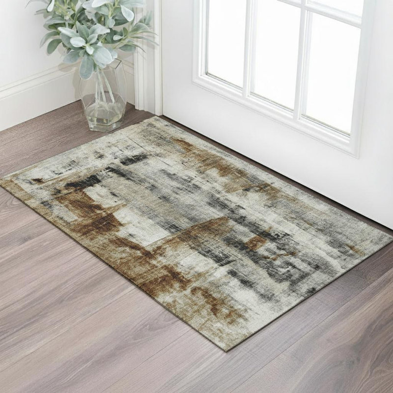 3' X 5' Taupe Charcoal And Brown Abstract Washable Area Rug With UV Protection