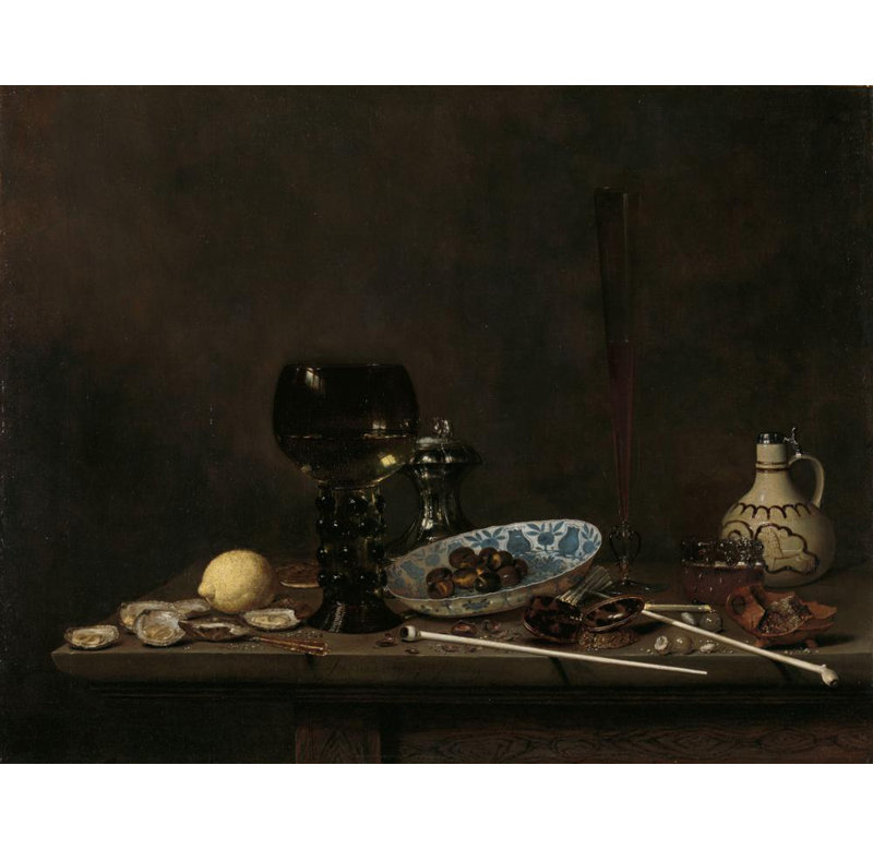 «Nature morte avec Roemer, flûte en verre, pot de faïence et tuyaux» par Jan Jansz. Van De Velde Iii - Art sur toile tendue avec châssis