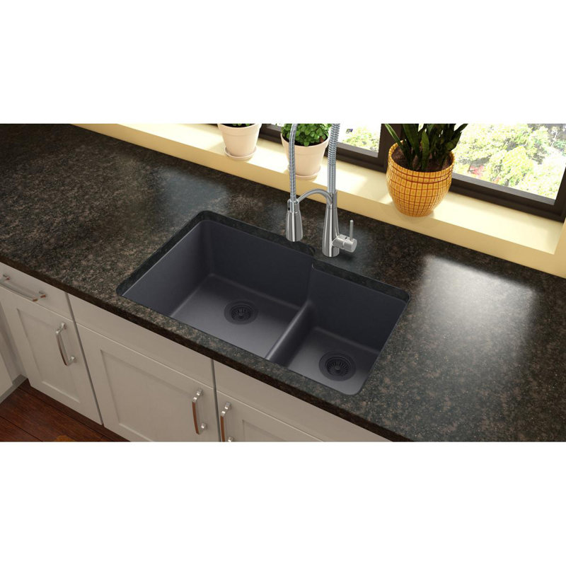 Quartz Classic 33" x 20-1/2" x 9-1/2" Double Basin Undermount Kitchen Sink, Dusk Gray