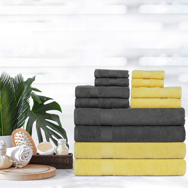 100% Cotton Bathroom Towel Set of 12 Absorbent Soft Plush Fast Drying, Gray/Yellow