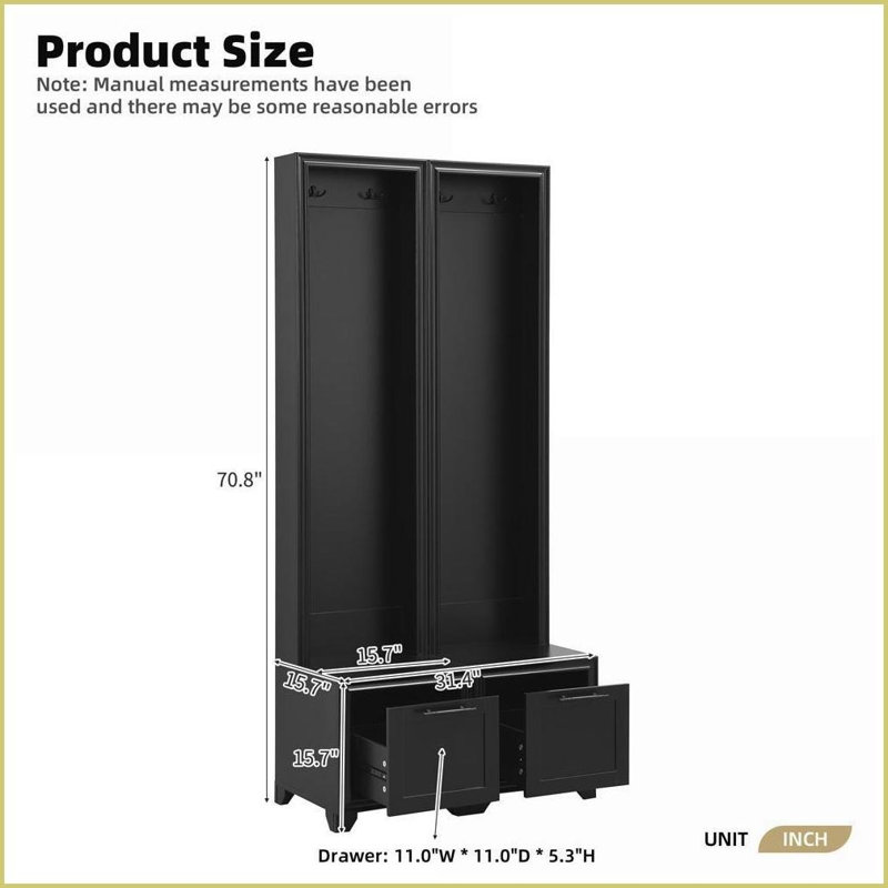 Coat Racks Set of 2, French Retro 3-in-1 MDF Hall Tree with Bench &amp; Drawers, Black | Black | MDF, Black