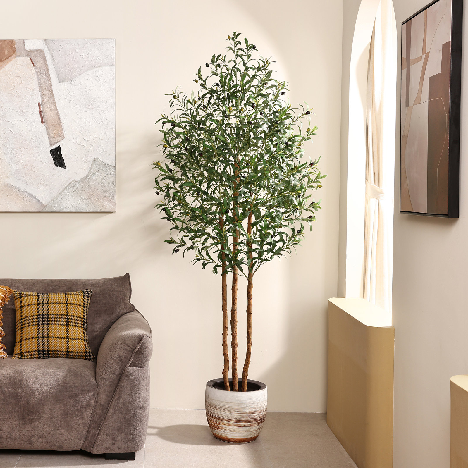 Artificial Olive Tree, Faux Olive Tree, Olive Tree Artificial, Fake Olive Tree, Tall Artificial Olive Tree - Potted Indoor Decor for Home Office - 5ft/6ft/7ft Tall Wood Trunk, Bendable Branches, Leaves & Lifelike Fruit for Living Room Entryway Corner
