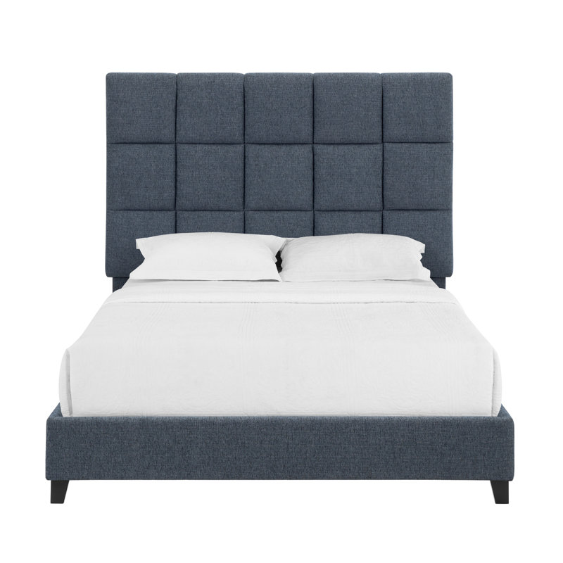 Lit grand format avec revêtement en bois massif bleu marine rembourré et support en mousse