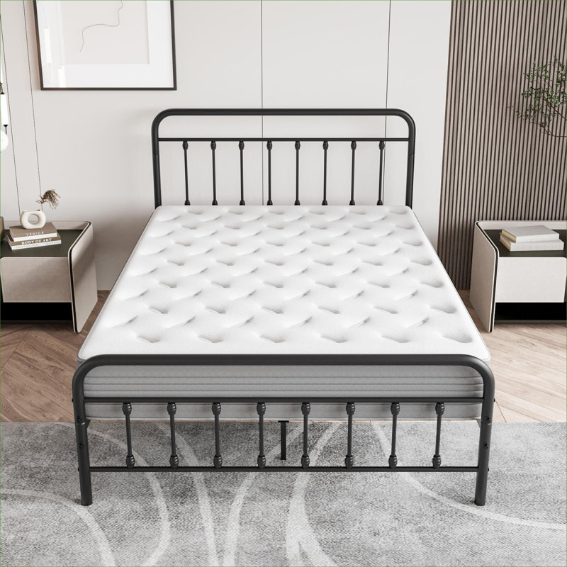 Structure de lit double en métal de style victorien pour chambre à coucher avec rangement sous le lit, ton noir, aucun sommier tapissier requis