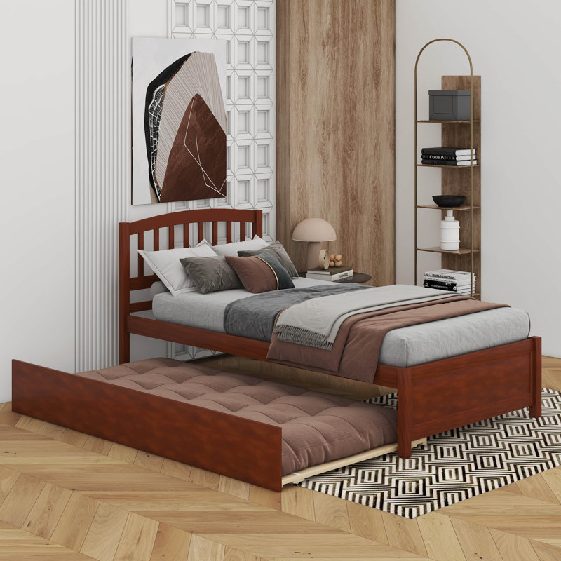 Twin Size Platform Bed Wood Bed With Trundle, Walnut