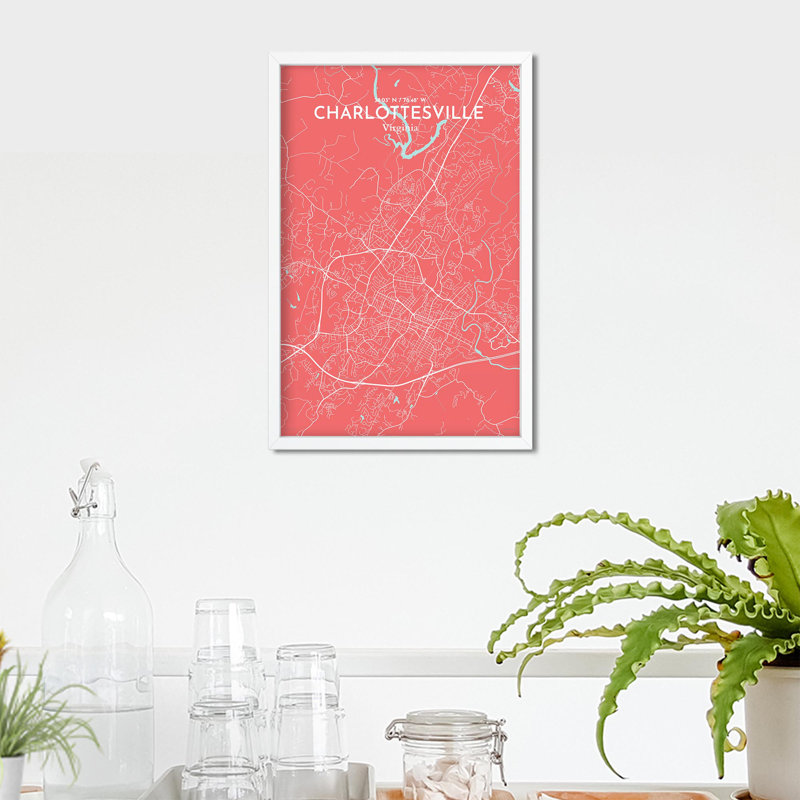 Charlottesville, carte de la ville, impression graphique, H 17 po x l 11 po x P 0,05 po, Rose / bleu bébé