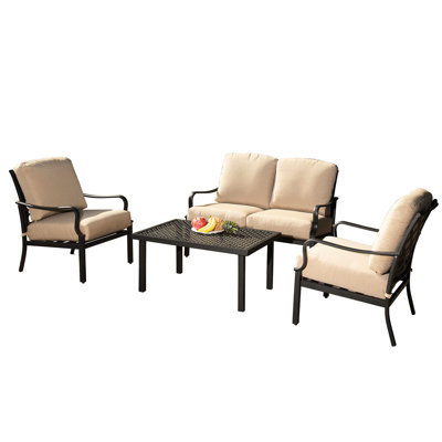 4 Pcs Patio With Metal - Ergonomic Chairs And Beige Cushions For Outdoor Relaxation Conversation Design Relaxing