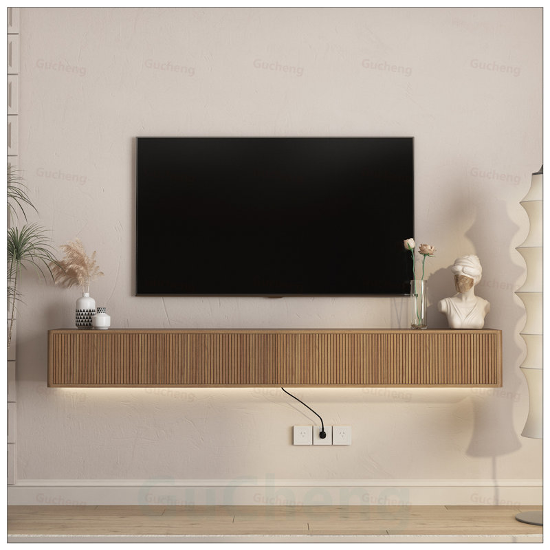 Meuble télé flottant, tablette murale avec lumières DEL et prises de courant, finition brillante pour les salons modernes