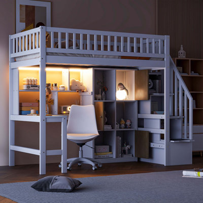 Wood Twin Size Loft Bed with Built-in Desk, LED, Storage Shelves, Cabinets and Staircase