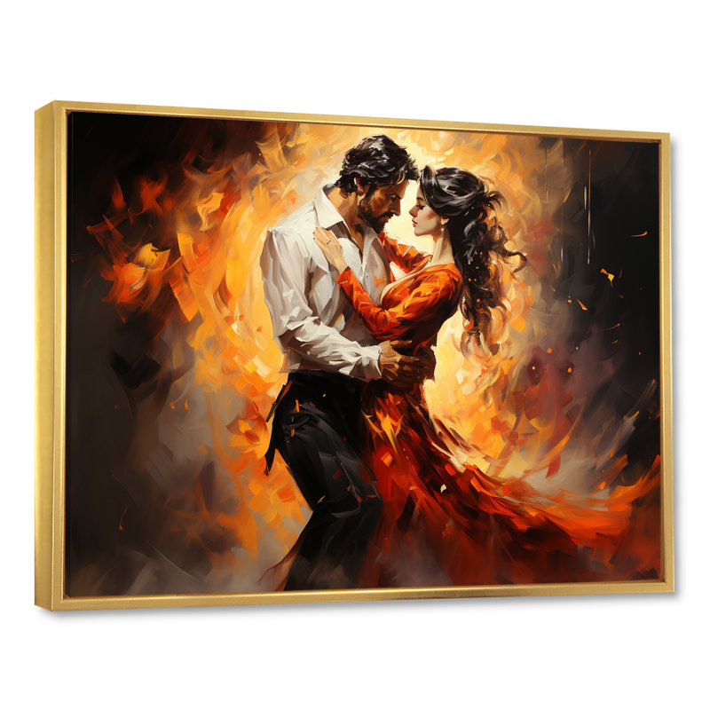«Red Salsa Fiesta Passion - Dance», art mural, Cadre flottant doré, H 34 po x l 44 po x P 1,5 po