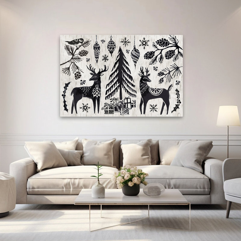 «Woodcut Christmas I - Animals Birch Birds», art noir, H 40 po x l 60 po
