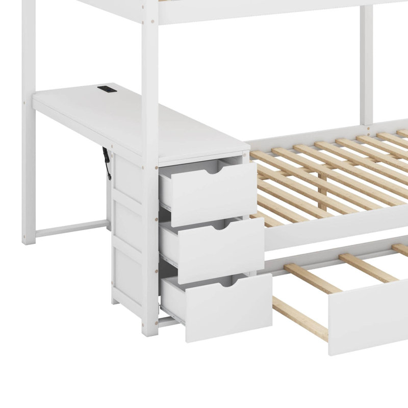 Lit superposé double avec lit gigogne, lit superposé en bois avec ports USB, rangement et bureau, Blanc