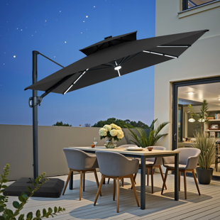 9 X 11 Ft Rectangular Patio Cantilever Umbrella With Solar Led Lights With Weighted Base