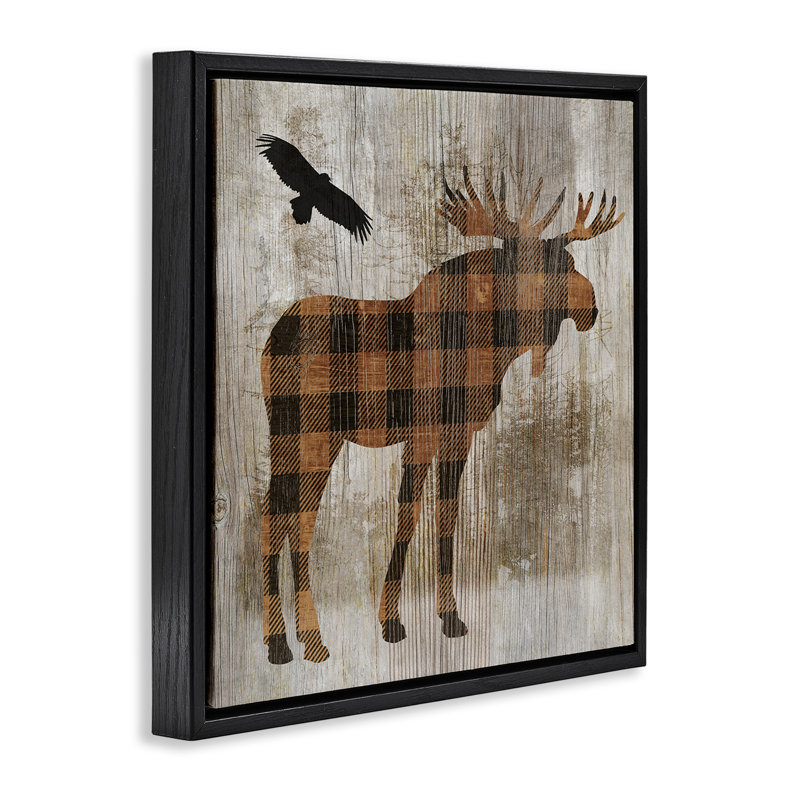 Orignal à carreaux et aigle, Cadre flottant noir de jais, 18" H x 18" W