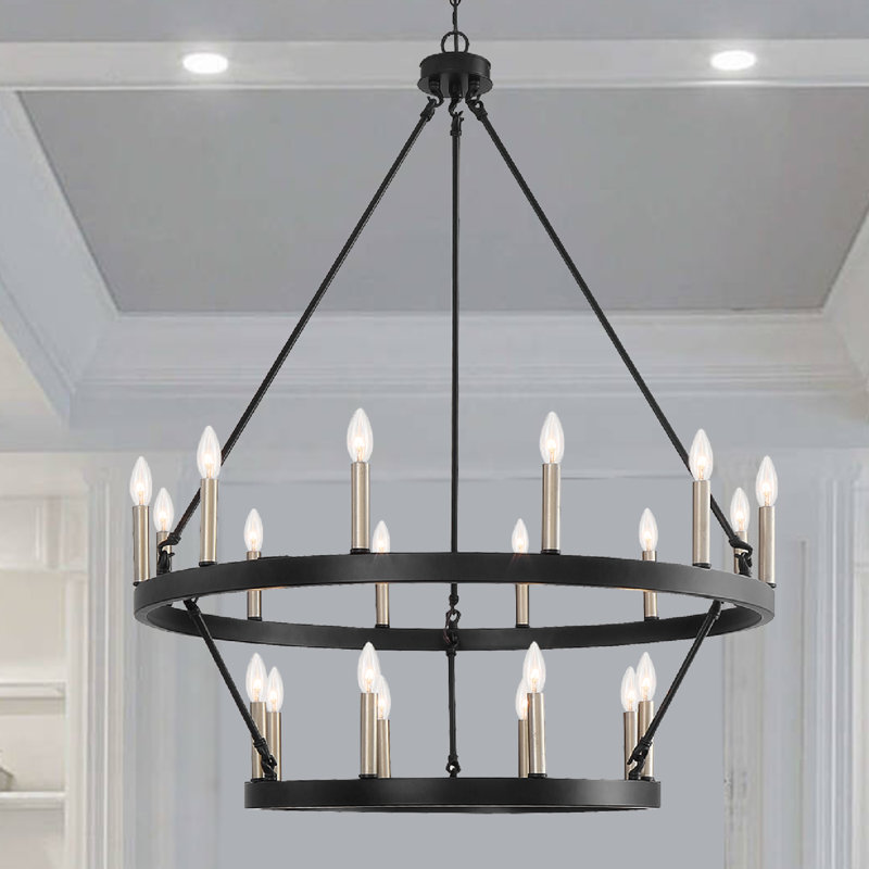 Farwell  2 Tier 20 Light Wagon Wheel Candle Style Chandelier, Black/Brass