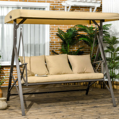Balancelle à 3 porches avec toit réglable et sièges rembourrés, auvent de parasol brun pour l'extérieur, kaki - Suits porche, jardin, bord de piscine