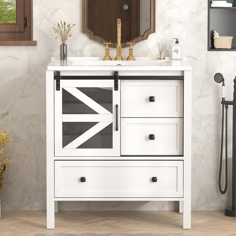 30" Bathroom Vanity With Sink And Barn Door, Rustic Farmhouse Single Vanity Set, White