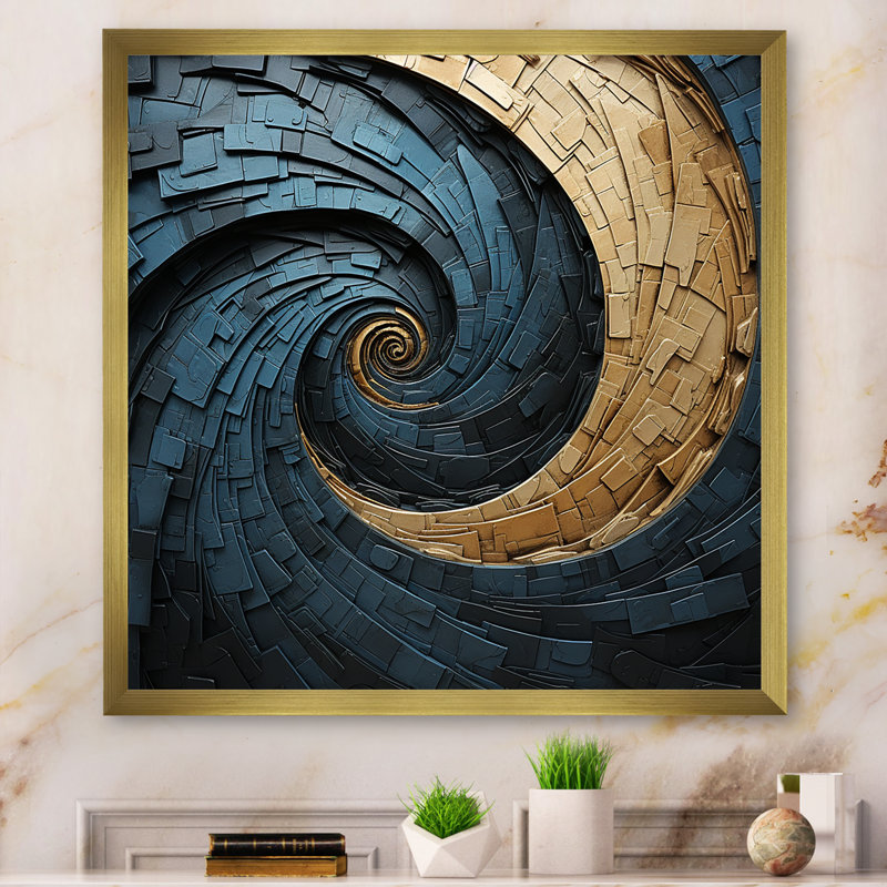 Gold Teal Minimalisme - Spirales abstraites, H 36 po x l 36 po x P 1,5 po, Cadre doré simple
