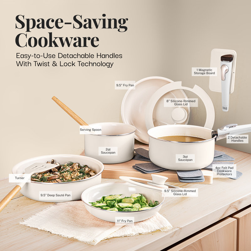 Gotham Steel 18 Piece Detachable Handle Ceramic Nonstick Cookware Set, Cream