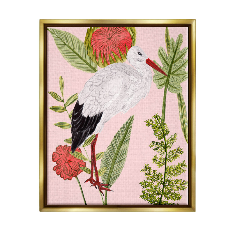 " Varied Botanical Bird " by Melissa Wang, 21" H x 17" W x 1.7" D, Metallic Gold Floater Frame