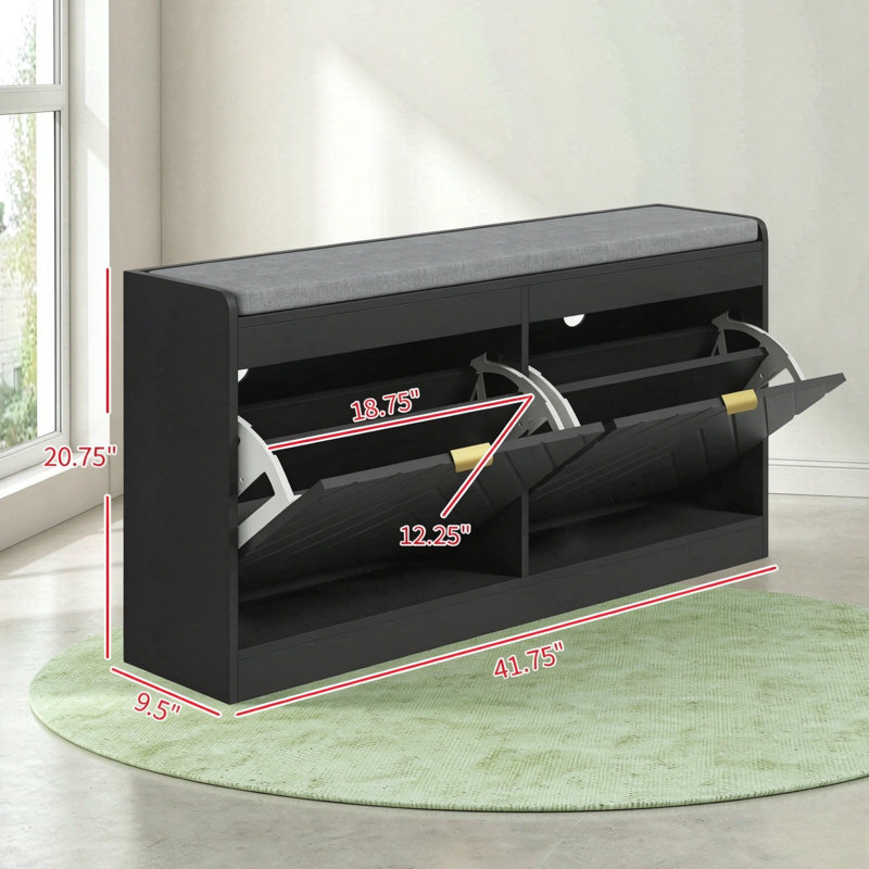 Banc de rangement compact pour chaussures, panneau de fibres à densité moyenne revêtu de 2 tiroirs rabattables, rangement pour vestibule moderne
