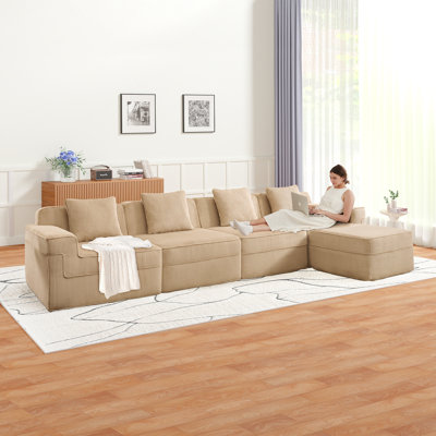 Modular 4 Seat L Shape Boneless Sofa, Cloud Sectional Couch With Deep Seat With Throw Pillows Corduroy Fabric