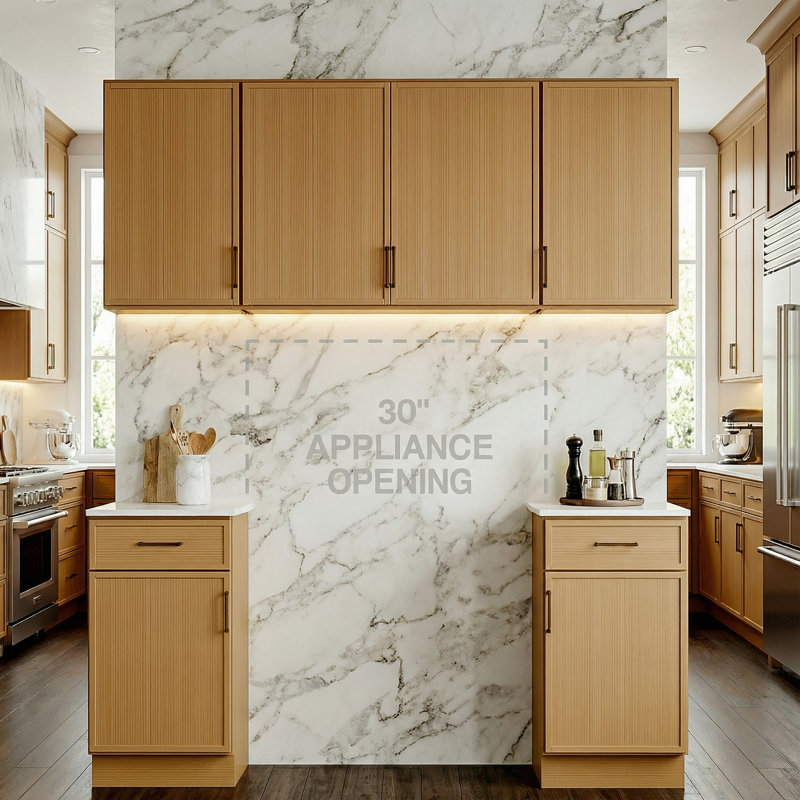 Ensemble d'armoires de cuisine en bois de frêne moderne avec deux armoires murales de 12 po, une armoire murale de 30 po et une armoire de base de 12 po avec tiroir - compatible avec un four mural de 30 po