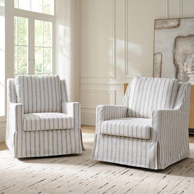 Lucie 30" W Farmhouse Slipcovered Down-blend Swivel Rocking Chair with Pillow Back