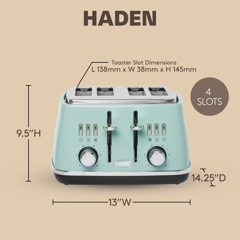 Haden Cotswold 4 Slice Extra Wide Slot Stainless Steel Toaster with Tray, Sage