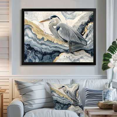 Harbert en marbre héron dans l'encre de Chine dorée paysage II - héron, art mural