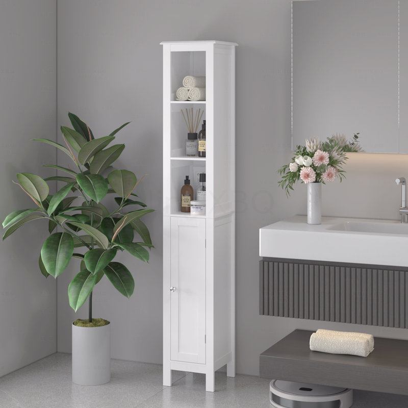 66.92" Tall Bathroom Storage Cabinet With Adjustable Shelves,Slim 1 Doors Freestanding Cabinet With Anti-Tip, Open Compartments