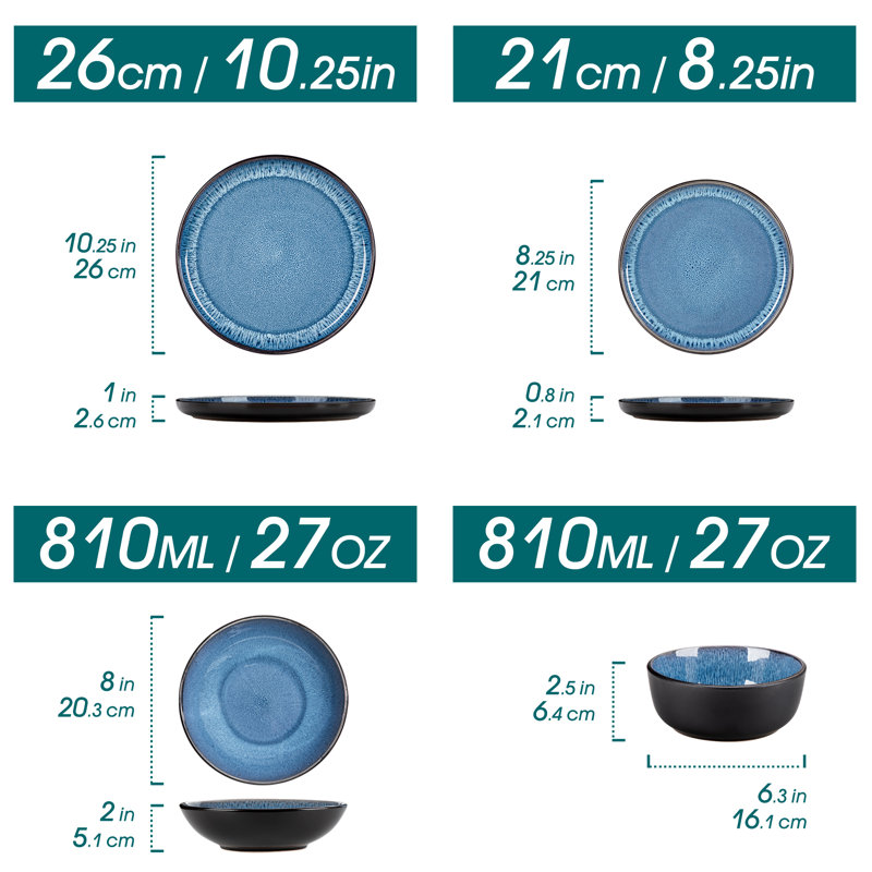 16-Piece Ceramic Dinnerware Set, Black Dinnerware, Dinner Set Service For 4 People, Dinner Plates, Dessert Plates, Soup Plate And Bowls