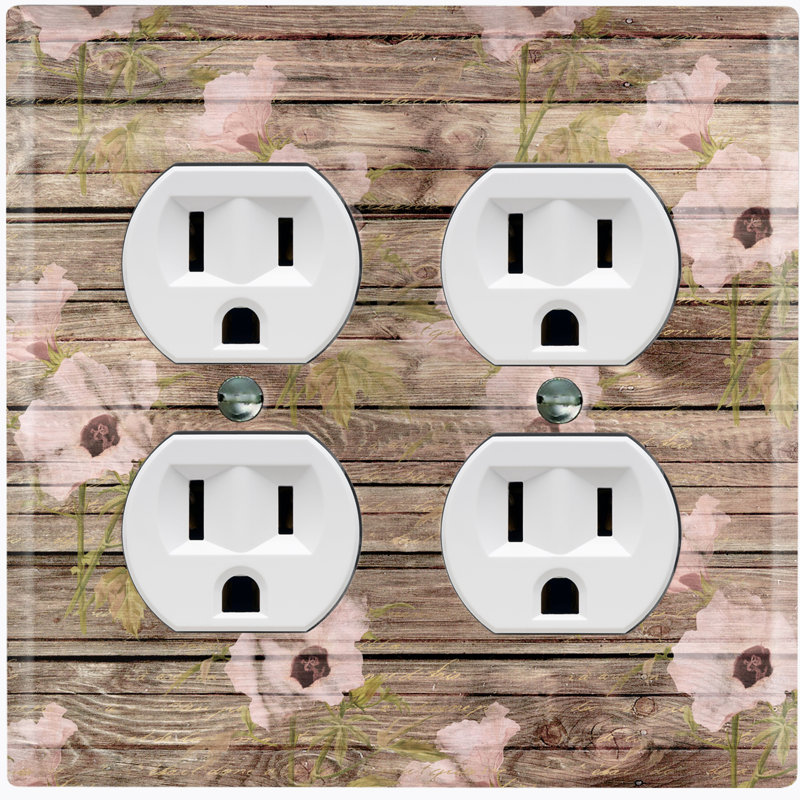 Metal Light Switch Plate Outlet Cover (Natural Wood Print Pink Rose Flower Fence - Double Duplex)