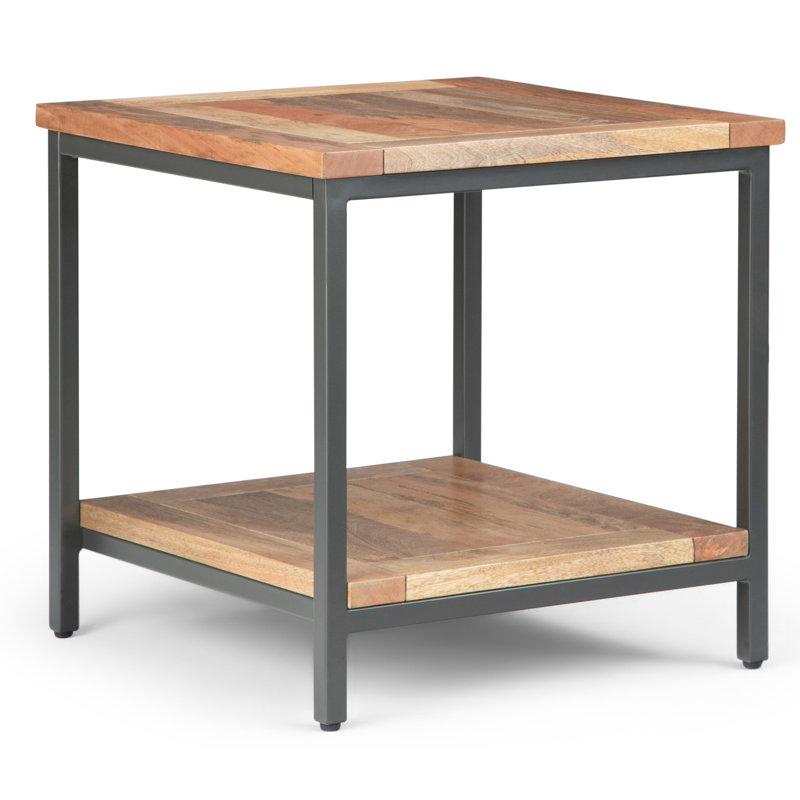 Moreland Skyler 22"W Solid Mango Wood and Metal Industrial End Table with Open Storage Shelf, Natural, Black